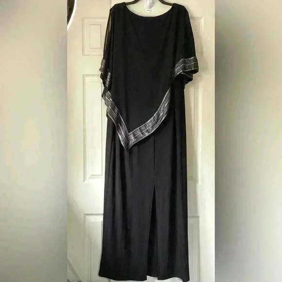 SLNY Black Overlay Style Metallic-Trim Capelet Sheath Maxi Dress16 - Picture 8 of 12